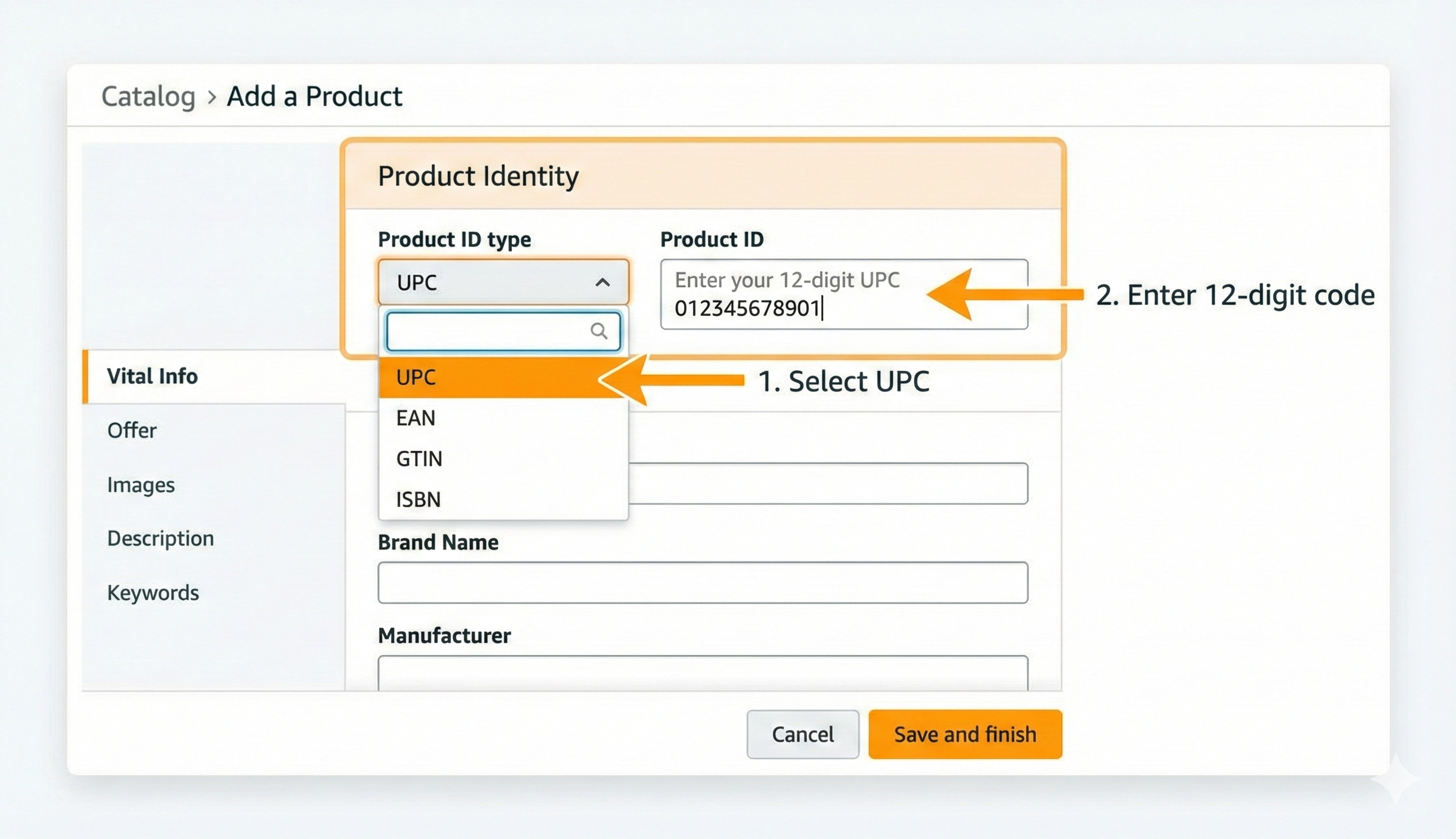 Amazon Seller Central Add Product Screen selecting UPC