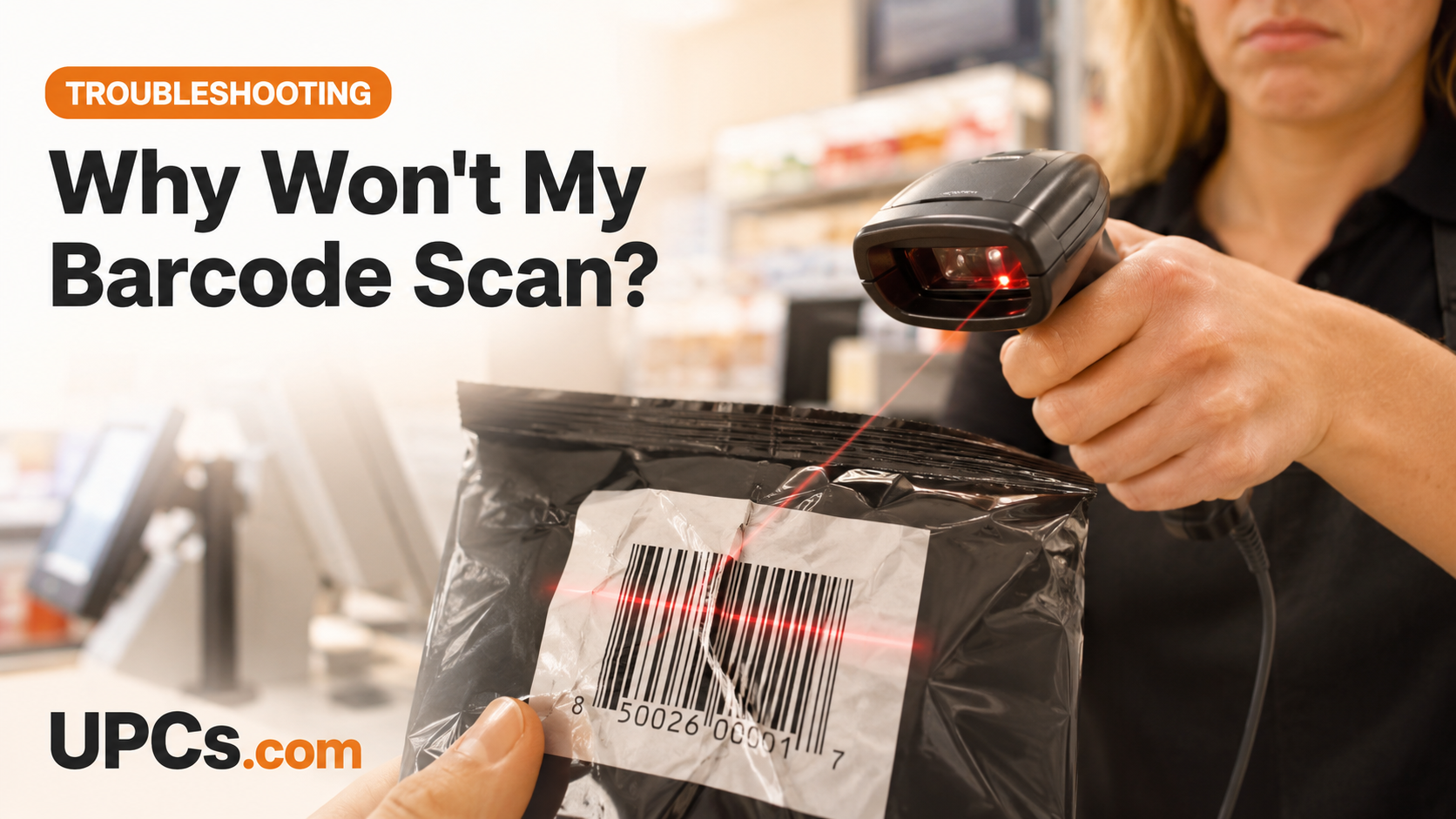 Handheld scanner failing to read a poorly printed barcode label on a product package