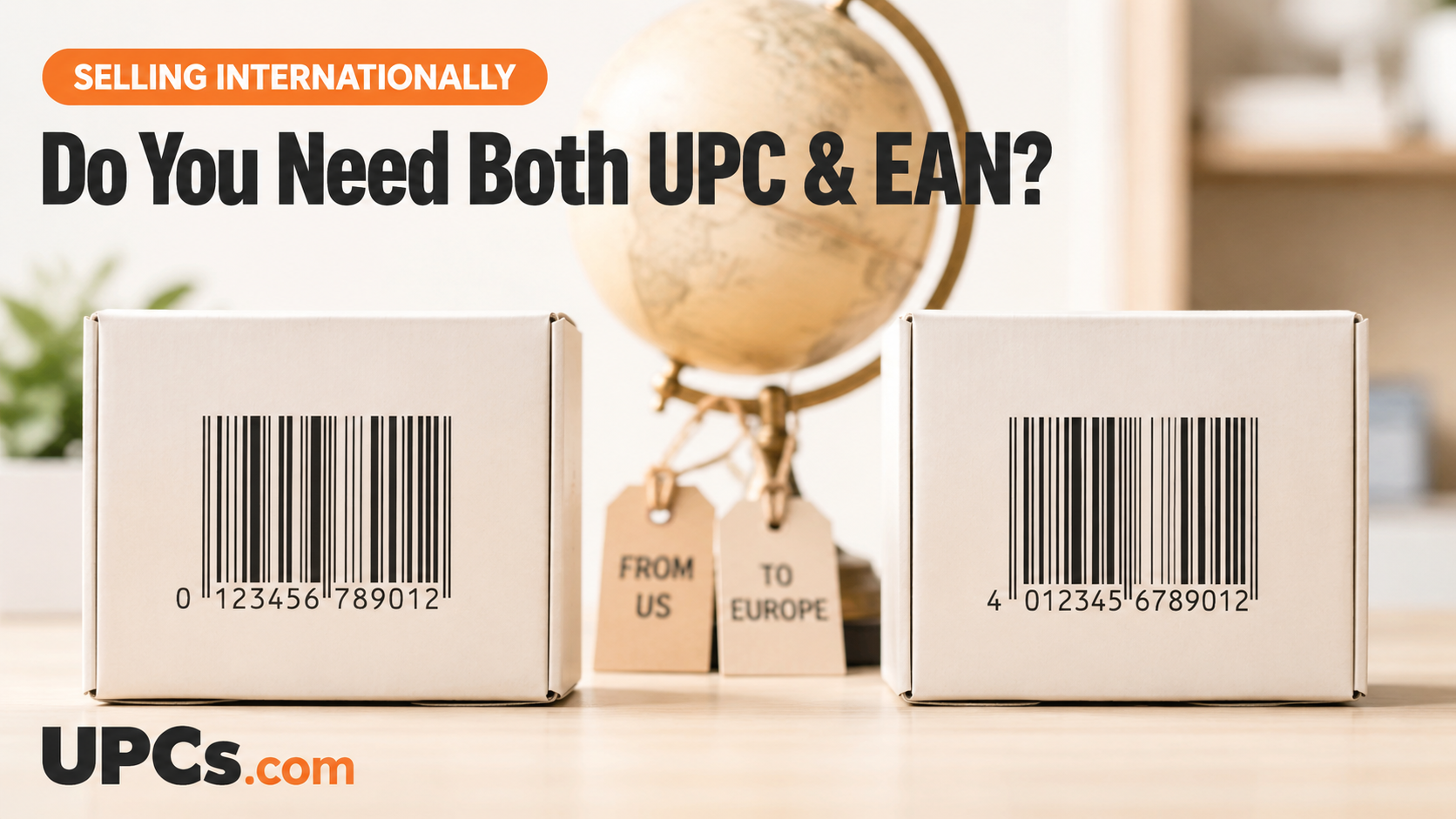 UPC-A barcode for the US market next to an EAN-13 barcode for Europe showing the same product number
