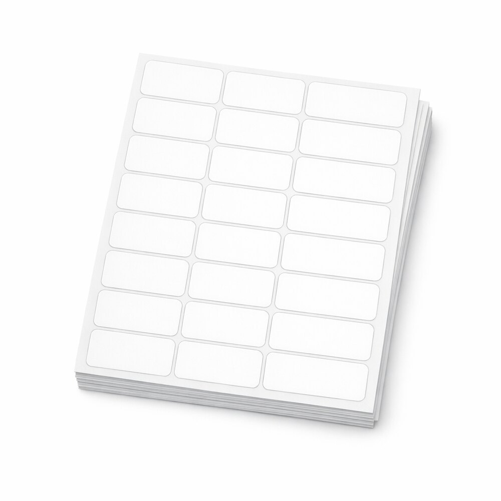 Stack of blank white peel-and-stick label sheets for laser and inkjet printers
