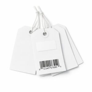 Blank white pre-strung hang tags with a label area for a barcode sticker