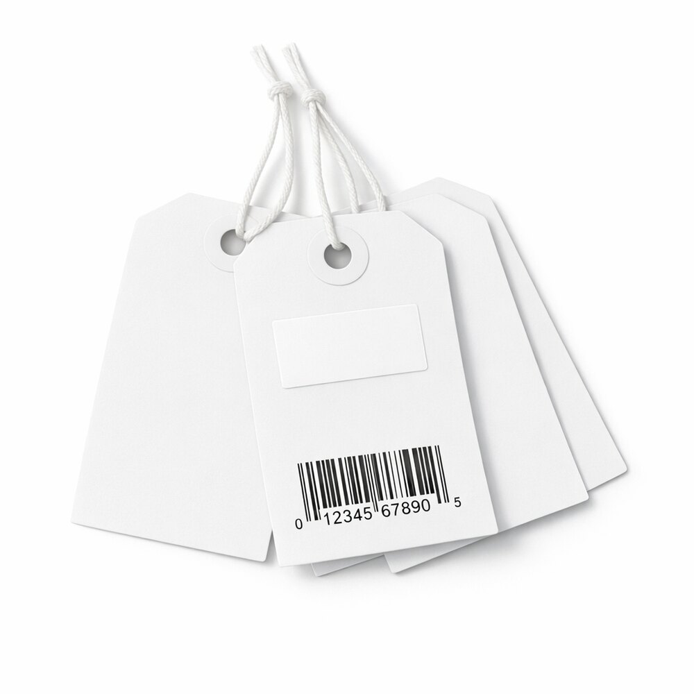 Blank white pre-strung hang tags with a label area for a barcode sticker