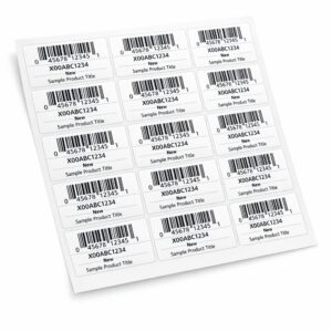 Sheet of 2.625 by 1 inch Amazon FNSKU labels with barcode, FNSKU, condition and title