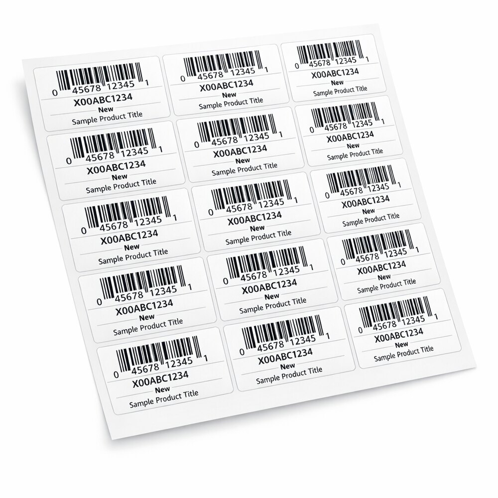Sheet of 2.625 by 1 inch Amazon FNSKU labels with barcode, FNSKU, condition and title