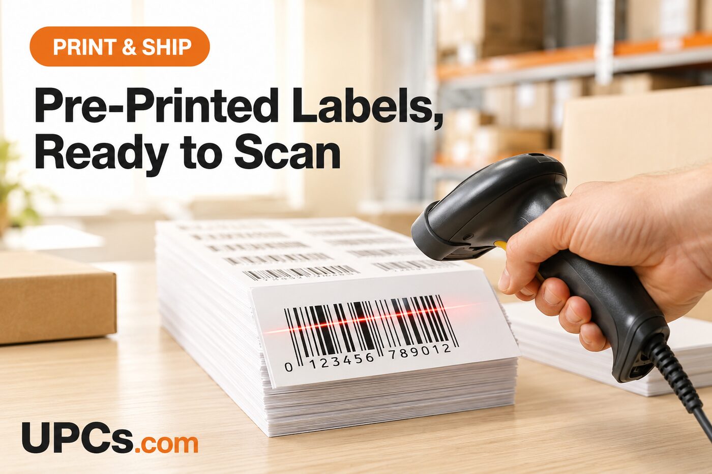 Stack of pre-printed UPC barcode label sheets being scanned with a handheld barcode scanner