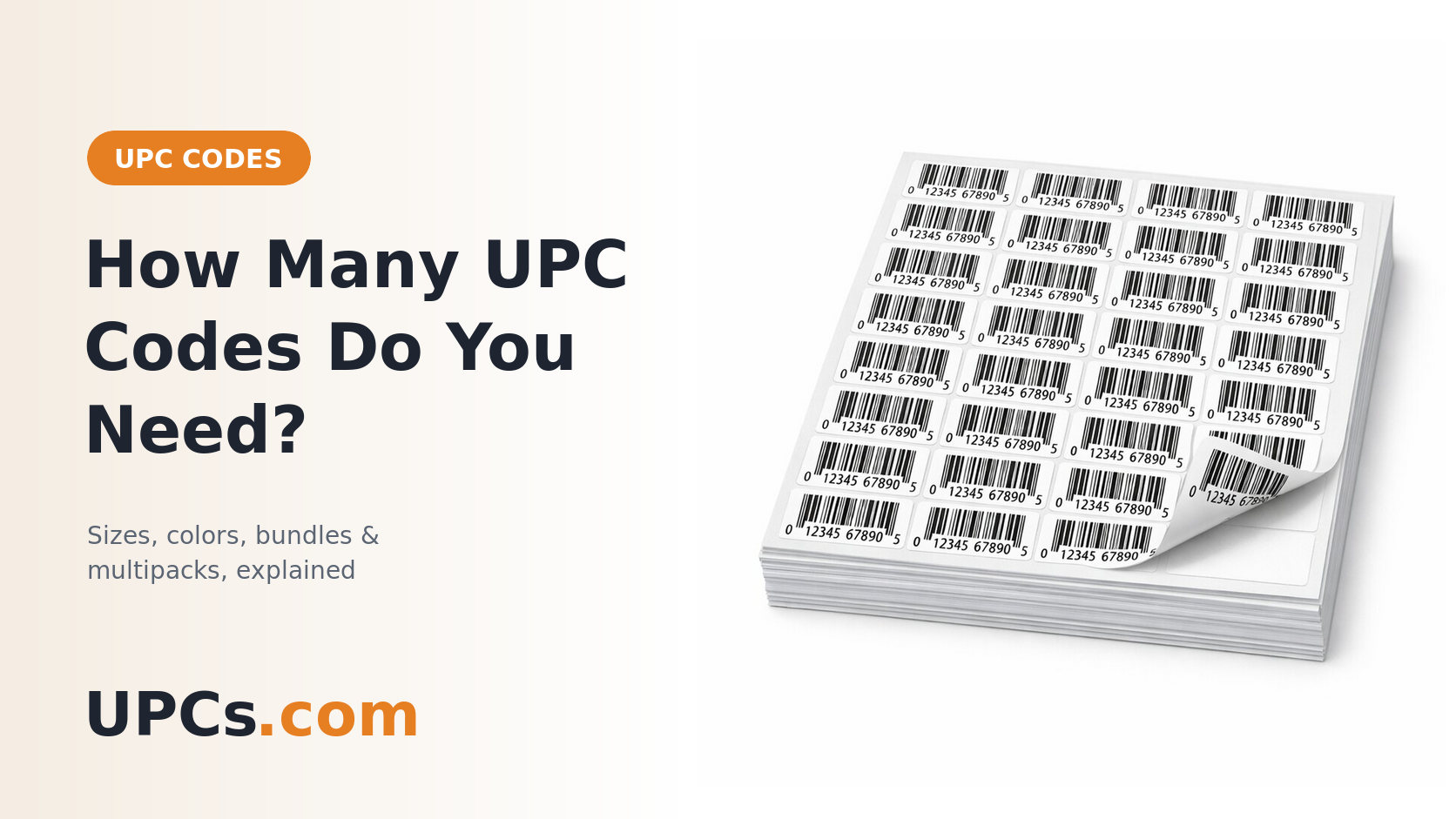A stack of printed barcode label sheets, each label carrying a UPC barcode