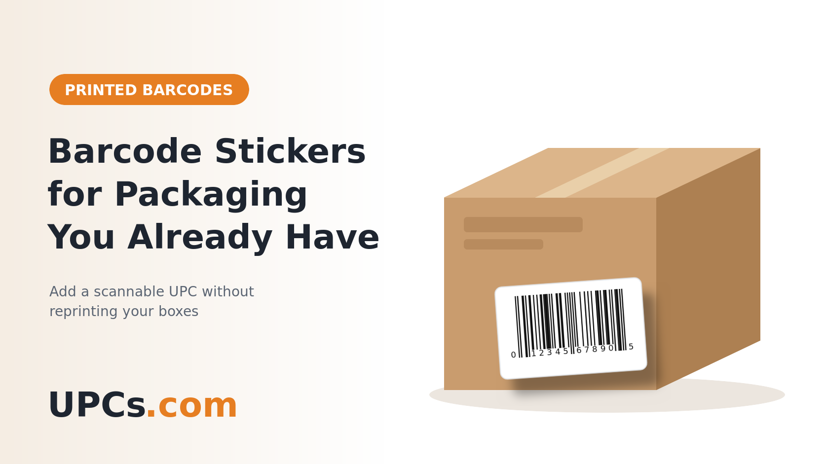 A kraft shipping box with a white UPC barcode sticker applied to the front panel