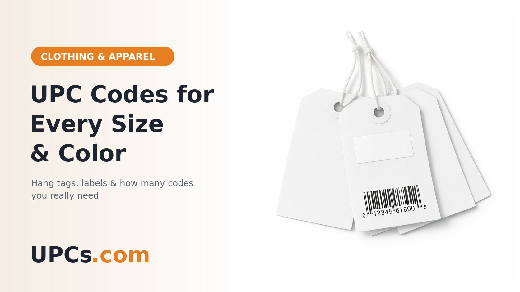 Blank apparel hang tags with a UPC barcode printed on the front tag